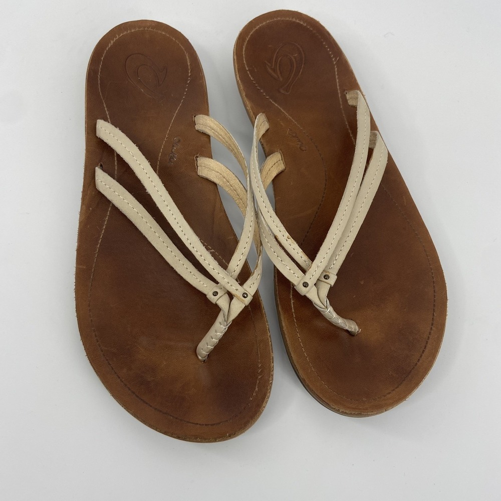 OluKai Sandals Womens Cream 10 U'I Flip Flop Bubbly Sahara Strappy Leather Thong